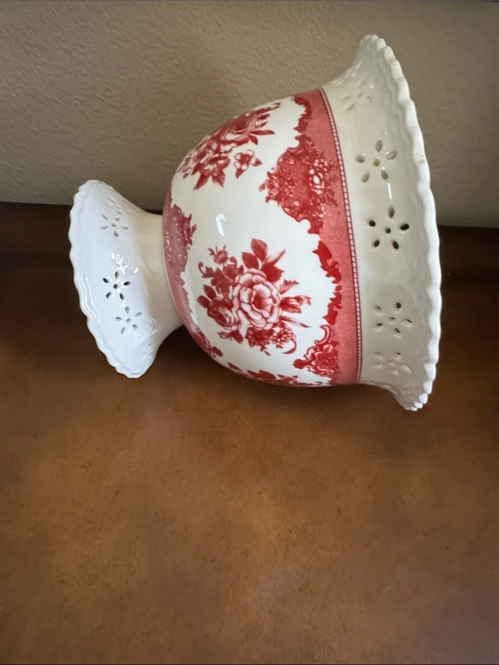 Vintage White Ceramic Pedestal Vase Planter Compote with Red Floral Pattern